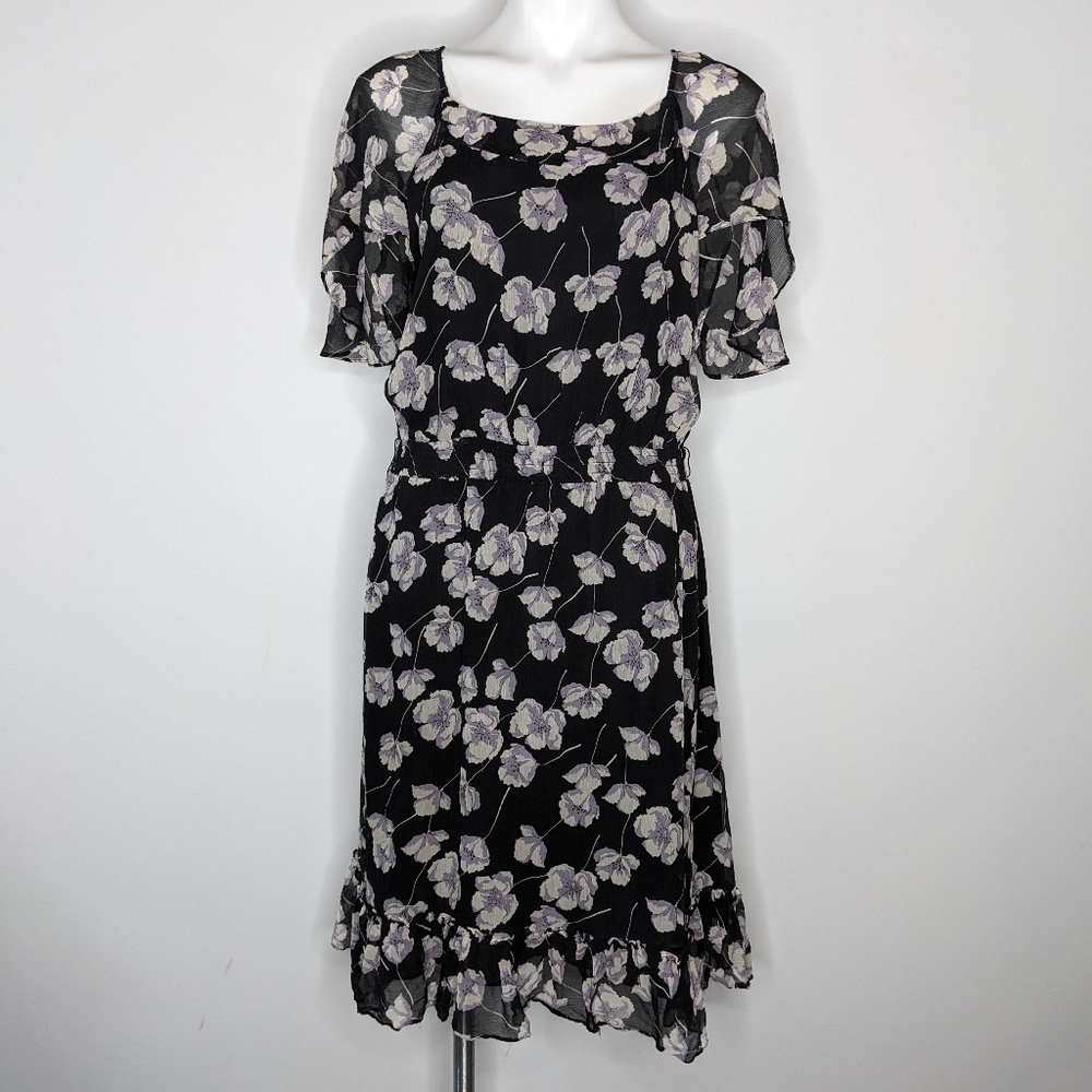 Sundance black white purple floral silk dress L